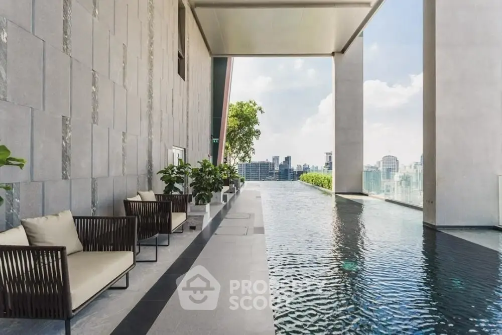 Luxurious rooftop infinity pool with stunning city skyline views and elegant seating area.
