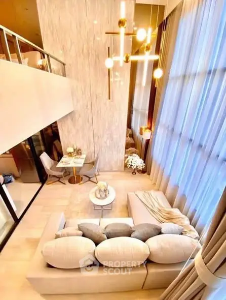 Luxurious modern living room with high ceilings and elegant decor