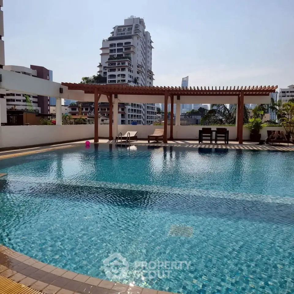 Luxurious rooftop pool with city skyline views, perfect for relaxation and leisure in a prime urban location.