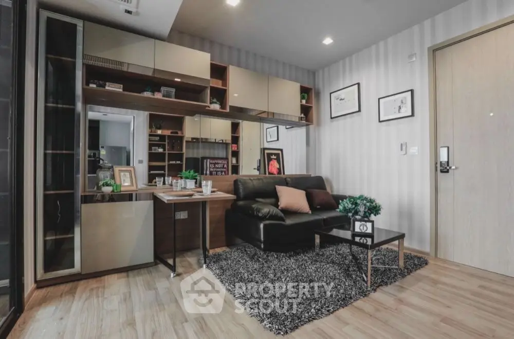 Modern living room with stylish decor and cozy seating area
