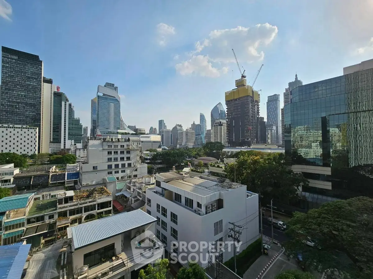 Stunning cityscape view showcasing modern skyscrapers and urban skyline under a clear blue sky.