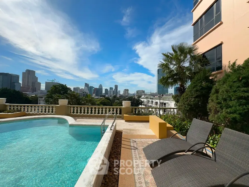 Luxurious rooftop pool with stunning city skyline view and modern lounge chairs