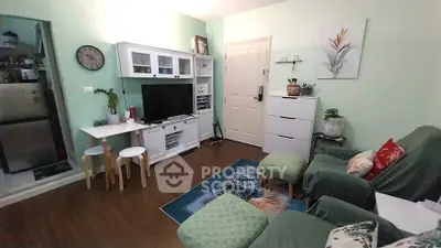 Cozy living room with modern decor and entertainment center