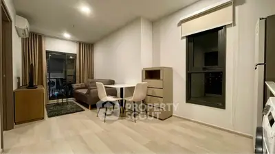 Modern living room with stylish furniture and city view