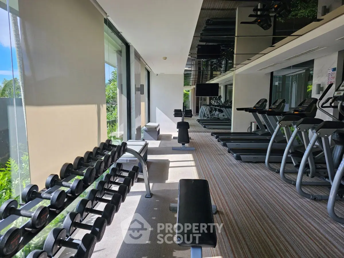 Modern gym with treadmills and dumbbells in a bright, spacious room with large windows.