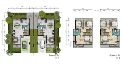 Detailed floor plan of modern two-story duplex with garden and parking.