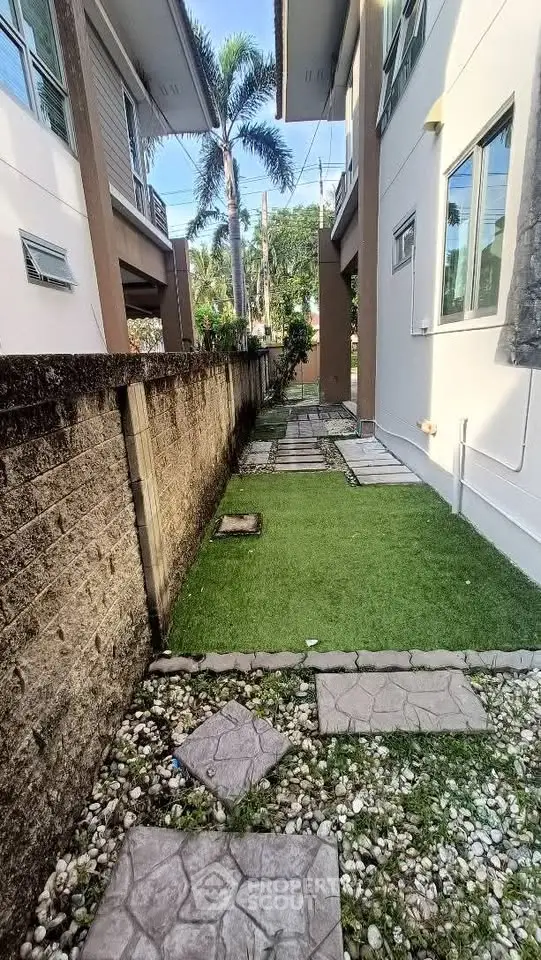 Charming side garden with stepping stones and lush greenery between modern homes.