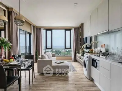 Luxurious open-plan living room with ocean view, modern kitchen, and elegant dining area.