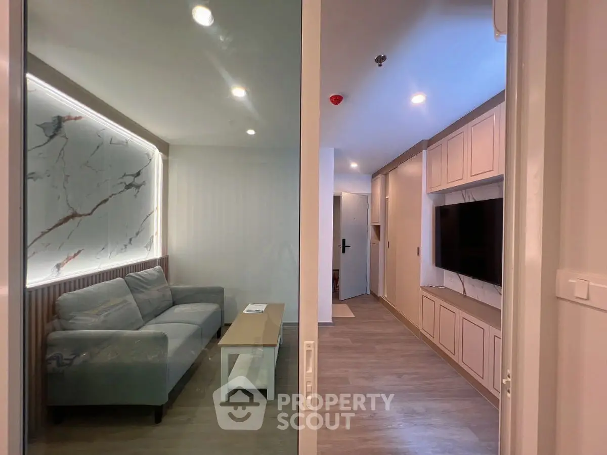 Modern living room with stylish decor and cozy seating area