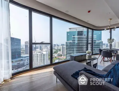 Luxurious living room with panoramic city view and modern furnishings