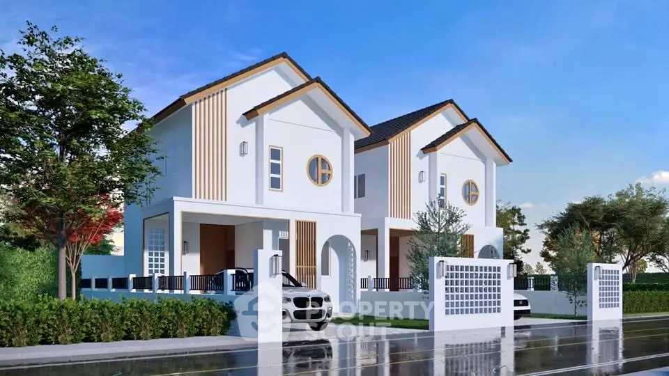 Modern twin houses with sleek design and spacious driveways in a serene neighborhood.
