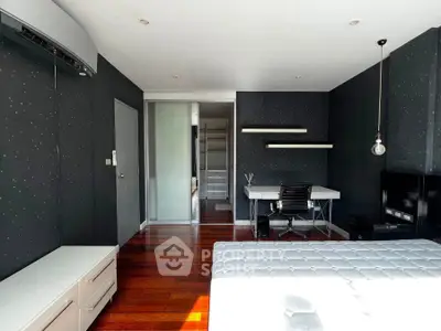 Modern bedroom with sleek design, featuring a workspace and stylish decor, perfect for urban living.