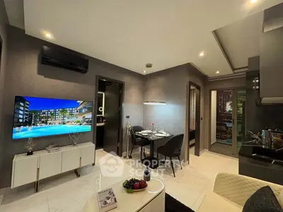 Modern living room with sleek design and open kitchen layout