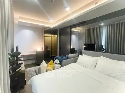 Luxurious modern bedroom with stylish decor and ambient lighting