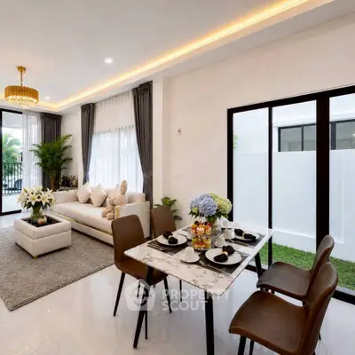Luxurious living room with elegant dining area and modern decor