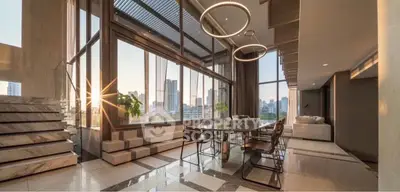 Luxurious modern living room with panoramic city views and elegant dining area.
