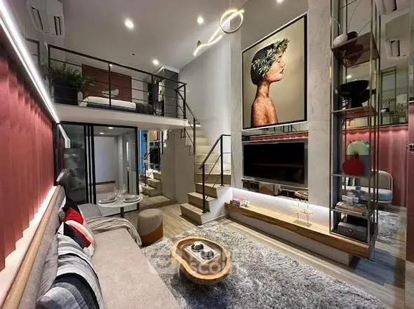 Stylish modern living room with mezzanine and contemporary decor