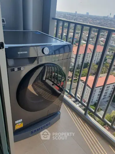 Modern balcony with Samsung washing machine and stunning city view.