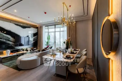 Luxurious modern living room with elegant dining area and stunning city view.