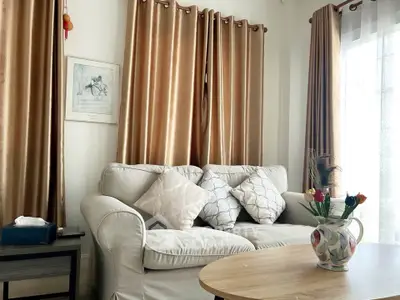 Cozy living room with elegant curtains and plush sofa, perfect for relaxation.