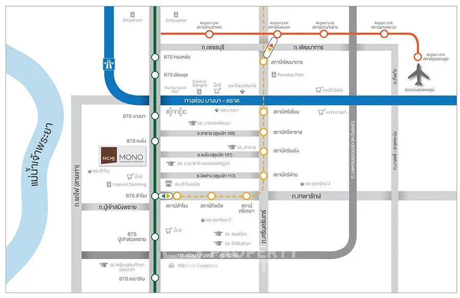 Map showing real estate locations near BTS and Airport Link in Bangkok.