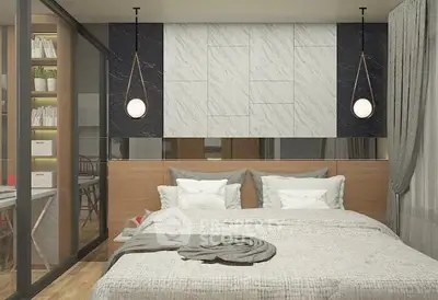 Modern bedroom with stylish decor and glass partition leading to study area.