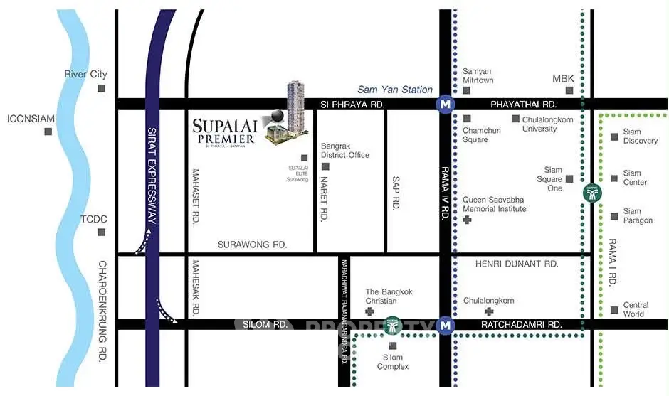 Map showing location of Supalai Premier near Sam Yan Station and surrounding roads in Bangkok.