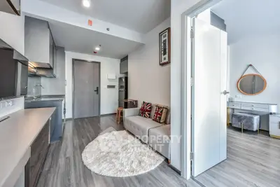 Modern open-plan living room with stylish kitchen and cozy decor in a contemporary apartment.