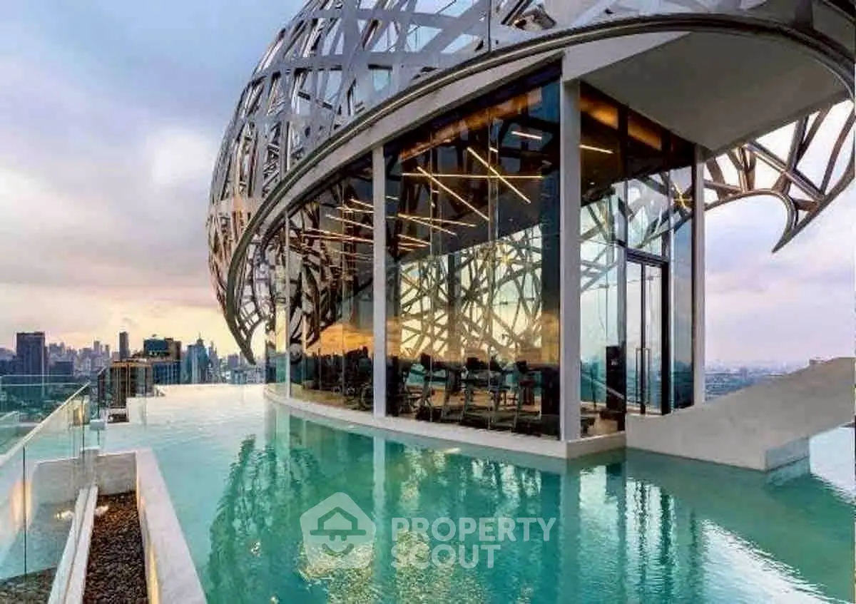 Stunning rooftop pool with panoramic city views and modern architectural design.