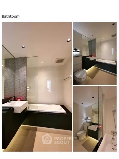 Modern bathroom with sleek design, featuring a bathtub and elegant fixtures.