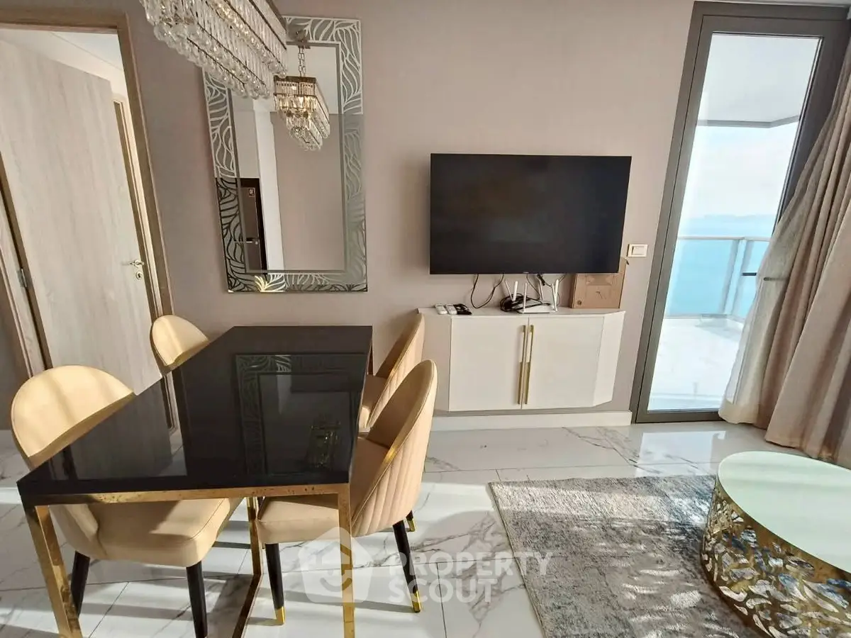 Luxurious modern living room with elegant dining area and stunning balcony view.