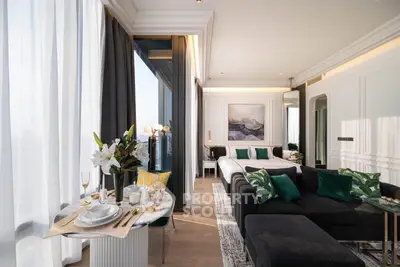 Luxurious modern living room with elegant decor and stunning city view