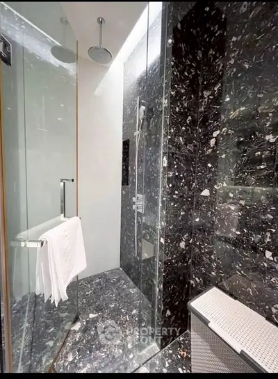 Luxurious modern bathroom with sleek black marble shower and glass enclosure