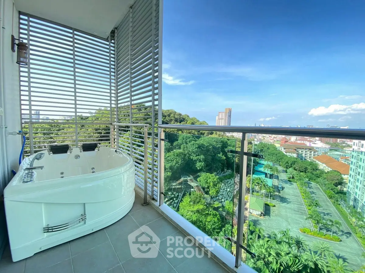 Luxurious balcony with jacuzzi and stunning city view