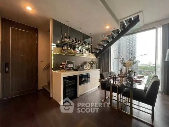 Luxurious modern living room with stylish dining area and staircase, featuring floor-to-ceiling windows and elegant decor.