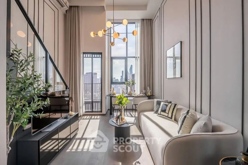 Luxurious modern living room with high ceilings and city view, featuring elegant decor and natural light.