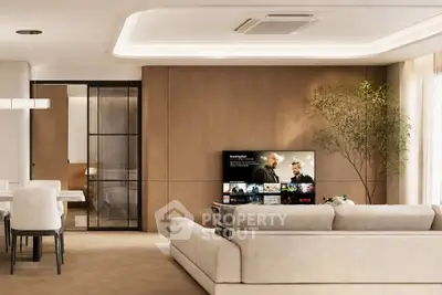 Luxurious modern living room with sleek design and open layout, featuring a cozy sofa and stylish dining area.