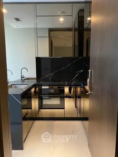 Modern kitchen with sleek black marble countertops and built-in appliances
