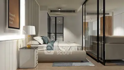 Modern bedroom with stylish decor and glass partition in luxury apartment.