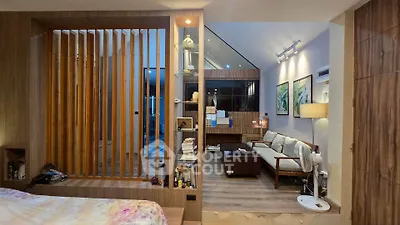 Modern living room with wooden accents and cozy seating area