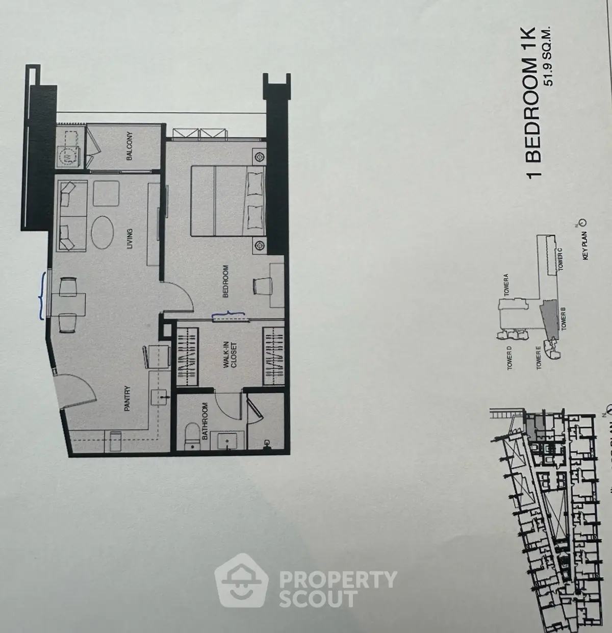 1-bedroom apartment floor plan with modern layout and spacious living area.