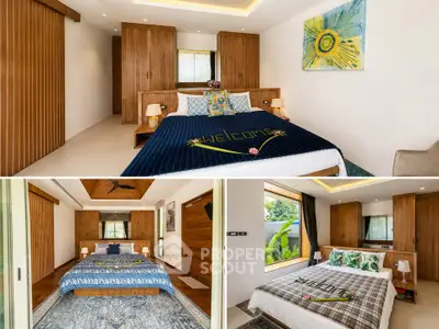 Luxurious bedroom with modern wooden accents and stylish decor in a serene setting.
