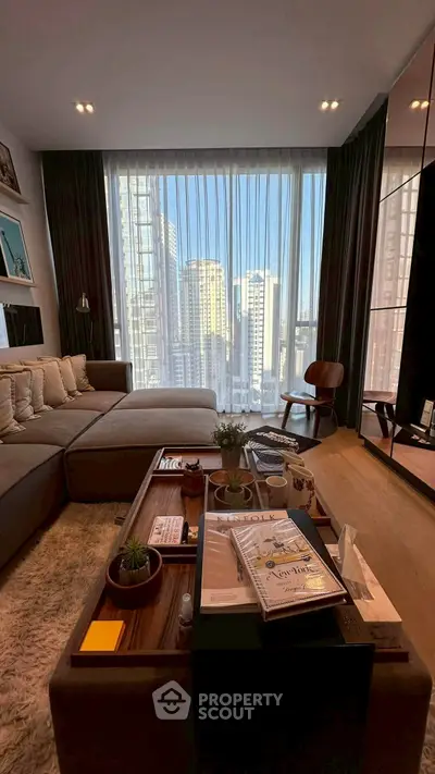 Luxurious living room with stunning city view and modern decor