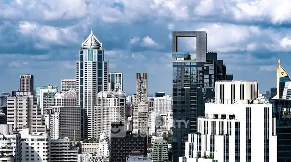 Stunning cityscape view showcasing modern skyscrapers under a vibrant sky.