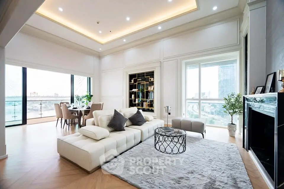 Luxurious modern living room with stunning city view and elegant decor