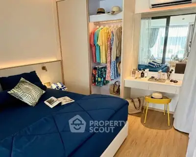 Modern bedroom with open closet and stylish decor