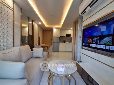 Modern living room with sleek design, featuring a cozy sofa, stylish coffee table, and a wall-mounted TV.