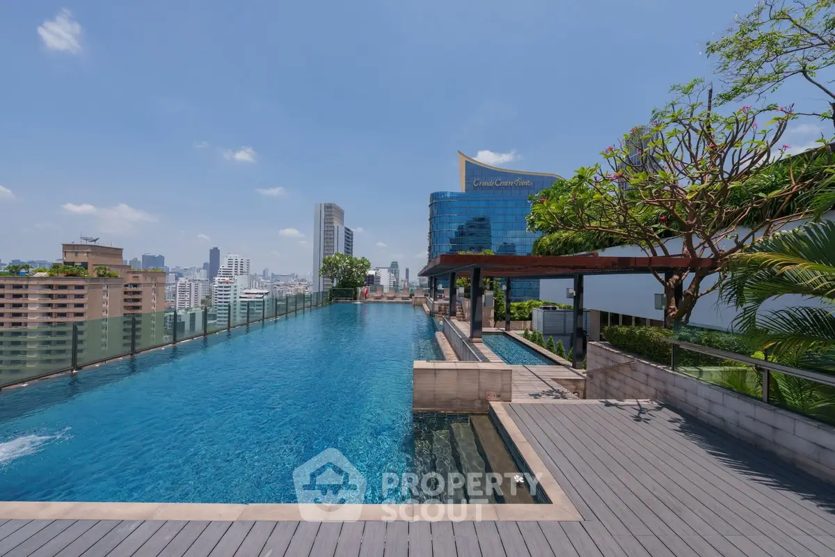 Luxurious rooftop pool with stunning city views and modern design in a high-rise building.