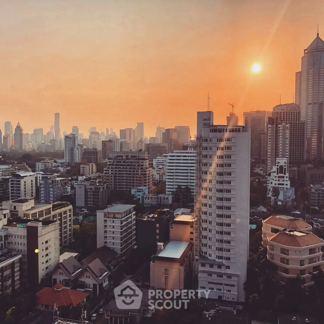 Stunning cityscape view with modern high-rise buildings at sunset, showcasing urban living at its finest.