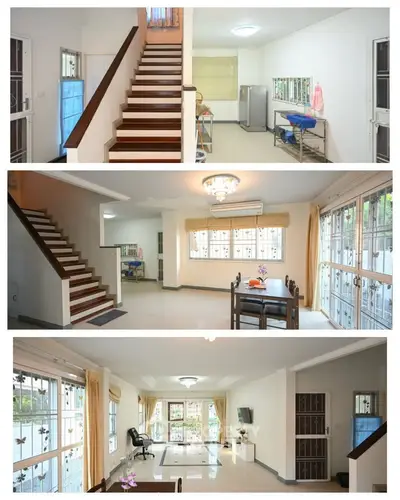 Spacious multi-level home with elegant staircase and bright living area, perfect for family gatherings.